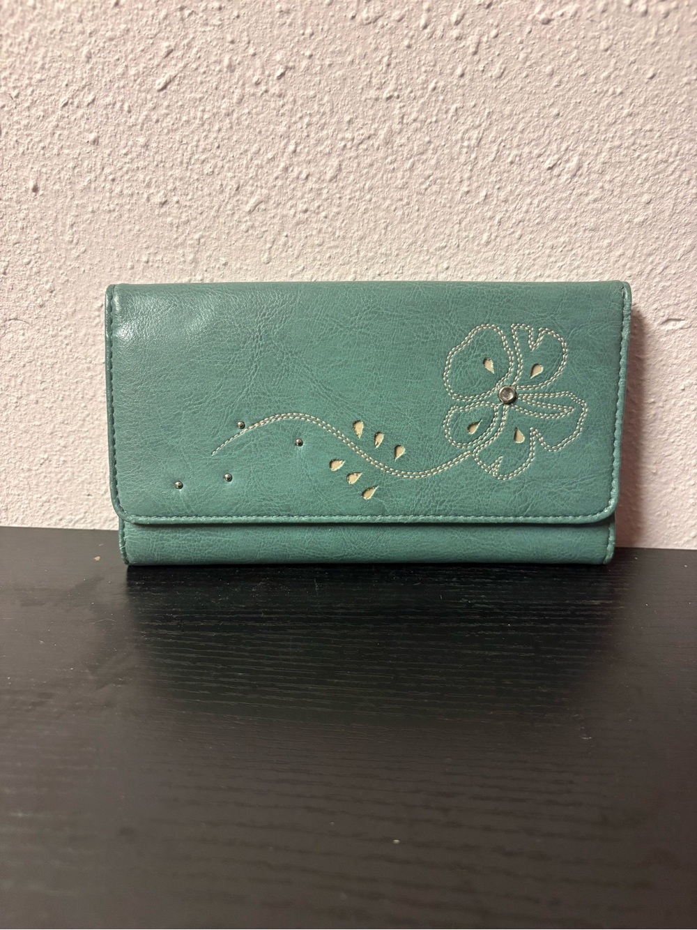 Teal Floral Rhinestone Trifold Organizer Wallet Zip Coin Pocket